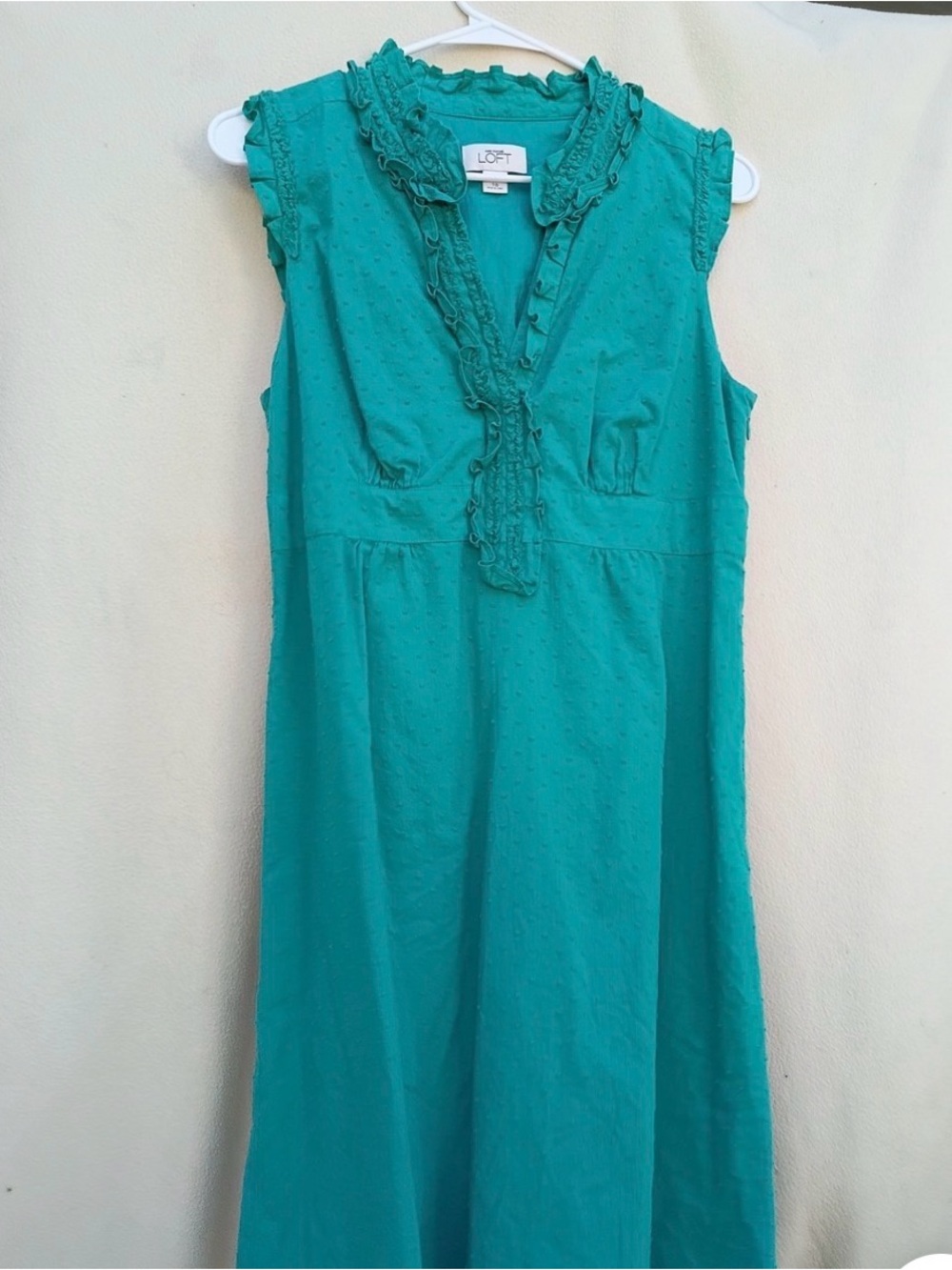 LOFT Teal Sleeveless Midi Dress with Ruffle V-Neck- cotton